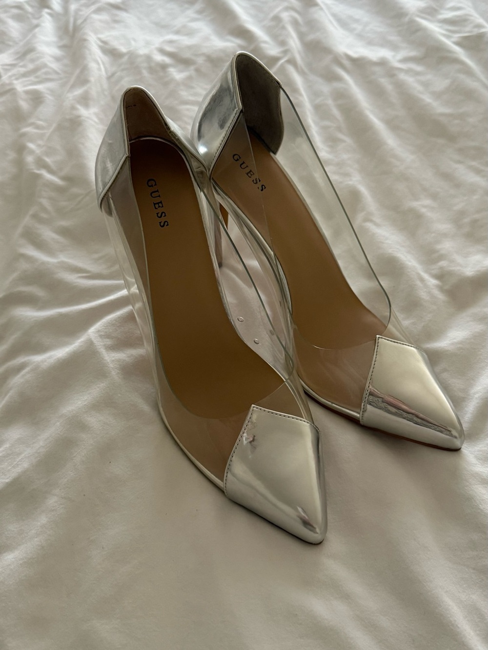 GUESS Silver Metallic Pointed-Toe Pumps with Clear Panels